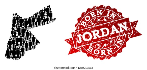 People crowd composition of black population map of Jordan and corroded seal stamp. Vector red seal with corroded rubber texture has Born In text. Mosaic map of Jordan designed with standing persons.
