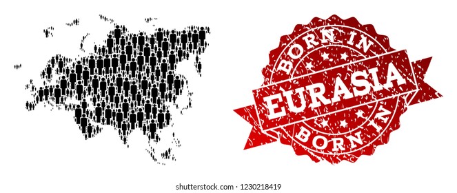 People crowd composition of black population map of Europe and Asia and grunge seal stamp. Vector red seal with unclean rubber texture has Born In text.