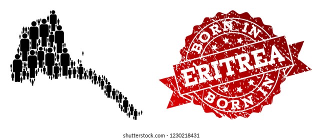 People crowd composition of black population map of Eritrea and rubber seal. Vector red seal with unclean rubber texture has Born In text. Mosaic map of Eritrea designed with standing persons.