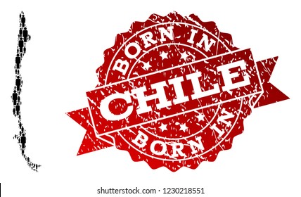 People crowd composition of black population map of Chile and textured seal. Vector red seal with distress rubber texture has Born In text. Mosaic map of Chile designed with standing persons.