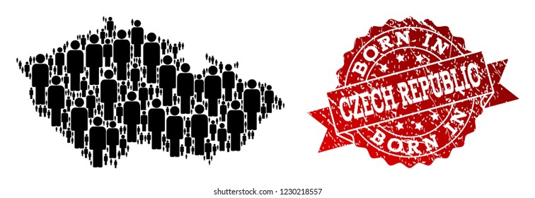 People crowd composition of black population map of Czech Republic and dirty seal stamp. Vector red seal with unclean rubber texture has Born In text.