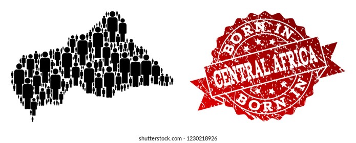 People crowd composition of black population map of Central African Republic and corroded seal stamp. Vector red seal with distress rubber texture has Born In text.