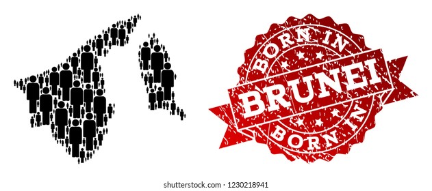 People crowd composition of black population map of Brunei and unclean seal. Vector red seal with scratched rubber texture has Born In text. Mosaic map of Brunei constructed with standing persons.