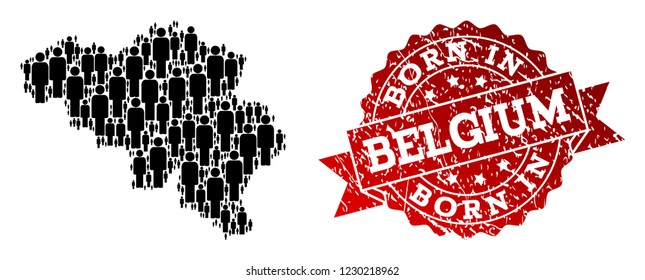 People crowd composition of black population map of Belgium and rubber seal stamp. Vector red seal with grunge rubber texture has Born In text. Mosaic map of Belgium designed with standing persons.