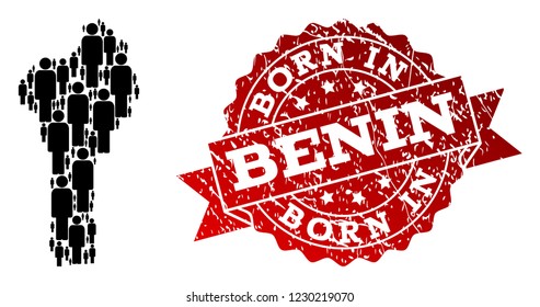 People crowd composition of black population map of Benin and scratched seal stamp. Vector red seal with scratched rubber texture has Born In text.