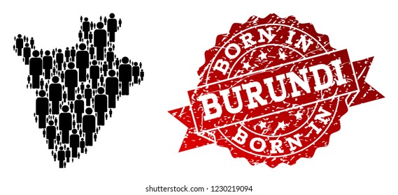People crowd composition of black population map of Burundi and corroded seal stamp. Vector red seal with distress rubber texture has Born In text.