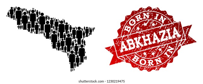 People crowd composition of black population map of Abkhazia and grunge seal. Vector red seal with grunge rubber texture has Born In text. Mosaic map of Abkhazia designed with standing persons.