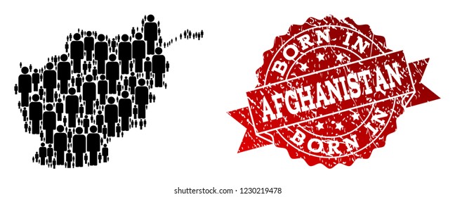 People crowd composition of black population map of Afghanistan and corroded seal stamp. Vector red seal with grunge rubber texture has Born In text.