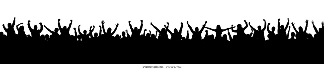 People crowd concert vector black silhouettes. Human audience crowd fun raising hands at music festival silhouettes.	