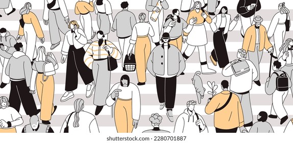 People crowd crossing street, city road. Many pedestrians going, hurrying on crosswalk, zebra panorama. Busy traffic, rush hour in overcrowded metropolis, urban center. Flat vector illustration