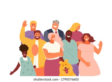 People crowd of different age and appearance. Multinational group. Men and women, children and the elderly