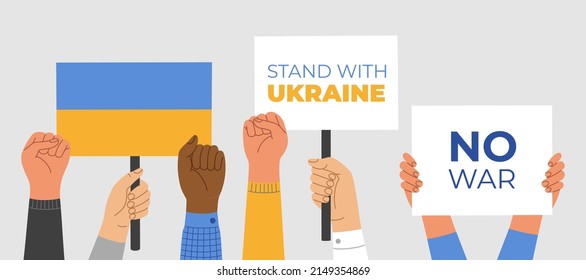 People crowd different nationalities hold posters and banners in support of Ukraine. No war. Stand with Ukraine. International protest. Hand drawn vector illustration. Flat cartoon style.