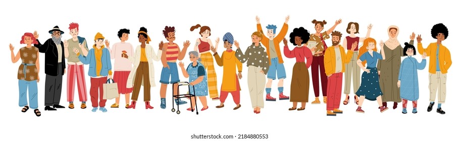 People crowd, diverse characters waving hand. Multiracial community with african american, jewish, asian, muslim and indian men and women, elder persons, vector flat illustration