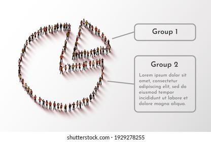 People crowd in form of pie chart composed of people. Statistic concept. Vector illustration