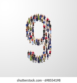 People in a crowd in the form of a symbol, number, numeral 9. Vector illustration