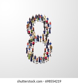 People in a crowd in the form of a symbol, number, numeral 8. Vector illustration