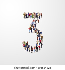 People in a crowd in the form of a symbol, number, numeral 3. Vector illustration