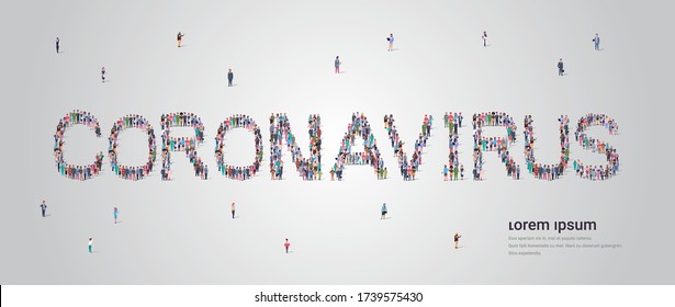 people crowd forming coronavirus lettering text pandemic covid-19 quarantine concept different occupation employees standing together full length copy space horizontal vector illustration