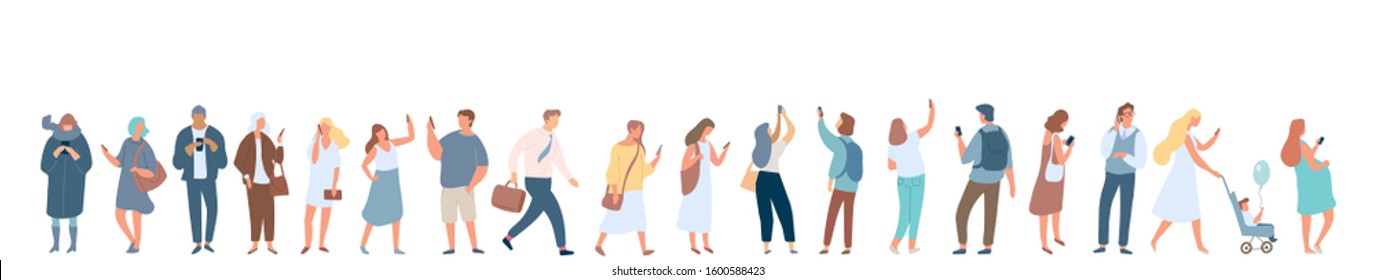 People crowd with gadgets. Background city people vector horizontal banner. Men and women using phones.