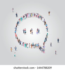 people crowd gathering in chat bubble speech icon shape social media communication concept different occupation employees group standing together full length