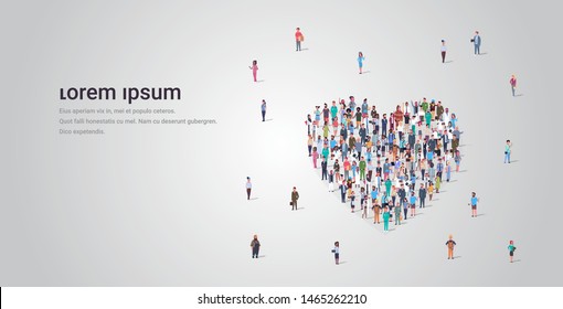 people crowd gathering in heart icon shape social media community add to favorite love concept different occupation employees group standing together full length horizontal copy space