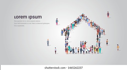 people crowd gathering in home icon shape social media community house building concept different occupation employees group standing together full length horizontal copy space