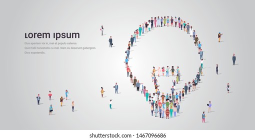 people crowd gathering in light lamp icon shape social media community creative idea concept different occupation employees group standing together full length horizontal copy space