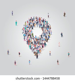 people crowd gathering in location geo tag shape social media community navigation concept different occupation employees group standing together full length