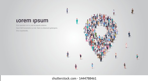 people crowd gathering in location geo tag shape social media community navigation concept different occupation employees group standing together full length horizontal copy space