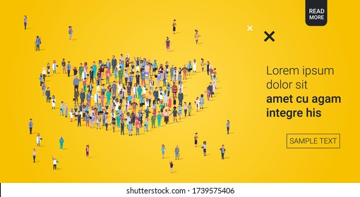 people crowd gathering in medical mask shape stay home coronavirus pandemic covid-19 quarantine concept different occupation employees standing together full length horizontal vector illustration