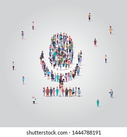 people crowd gathering in microphone shape social media community mic audio system technology concept different occupation employees group standing together full length