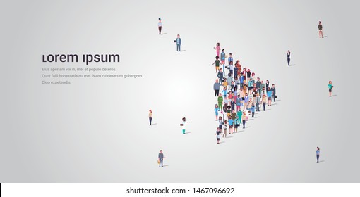 people crowd gathering in play button shape social media community digital player concept different occupation employees group standing together full length horizontal copy space