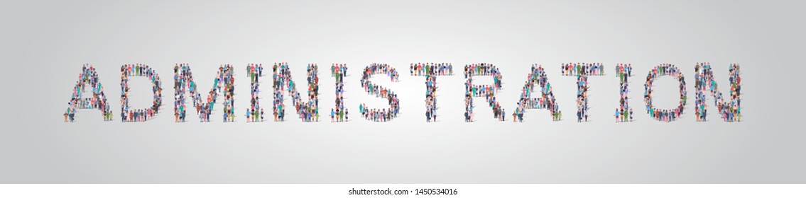 people crowd gathering in shape of administration word different occupation employees mix race workers group standing together social media community concept flat horizontal