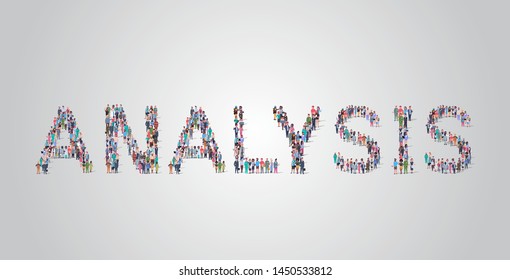 people crowd gathering in shape of analysis word different occupation employees mix race workers group standing together social media community concept flat horizontal