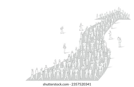 People crowd gathering in shape of arrow up, symbol social media, community, successful growth. Hand drawn vector illustration. Black and white.