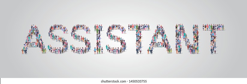people crowd gathering in shape of assistant word different occupation employees mix race workers group standing together social media community concept flat horizontal