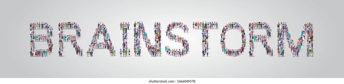 people crowd gathering in shape of brainstorm word different occupation. employees mix race workers group standing together social media community concept flat horizontal. - Shutterstock ID 1466049578