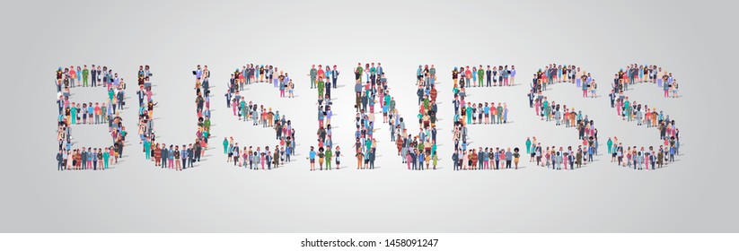 people crowd gathering in shape of business word different occupation employees mix race workers group standing together social media community concept flat horizontal
