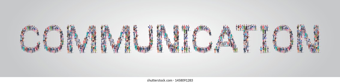 people crowd gathering in shape of communication word different occupation employees mix race workers group standing together social media community concept flat horizontal