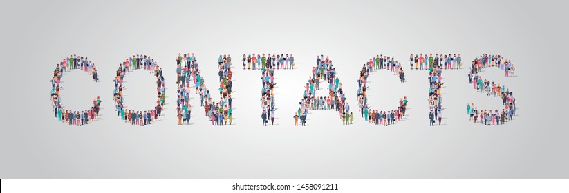 people crowd gathering in shape of contacts word different occupation employees mix race workers group standing together social media community concept flat horizontal
