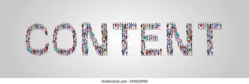 people crowd gathering in shape of content word different occupation employees mix race workers group standing together social media community concept flat horizontal