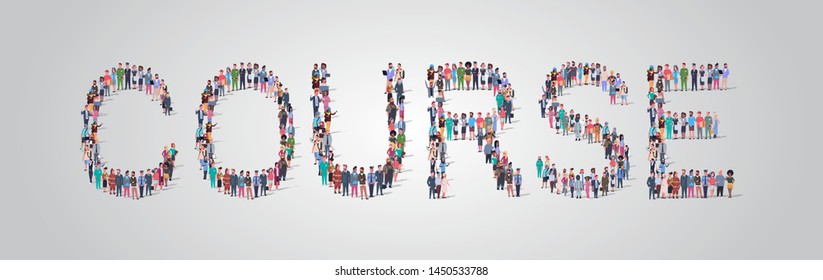 people crowd gathering in shape of course word different occupation employees mix race workers group standing together social media community concept flat horizontal