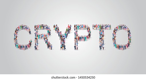 people crowd gathering in shape of crypto word different occupation employees mix race workers group standing together social media community concept flat horizontal