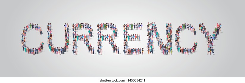 people crowd gathering in shape of currency word different occupation employees mix race workers group standing together social media community concept flat horizontal
