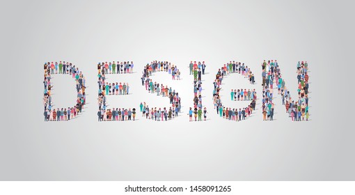 people crowd gathering in shape of design word different occupation employees mix race workers group standing together social media community concept flat horizontal