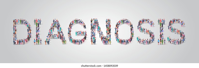 people crowd gathering in shape of diagnosis word different occupation employees mix race workers group standing together social media communication concept flat horizontal