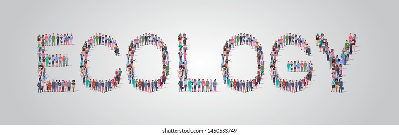 people crowd gathering in shape of ecology word different occupation employees mix race workers group standing together social media community concept flat horizontal
