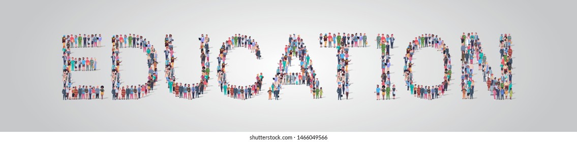 people crowd gathering in shape of education word different occupation employees mix race workers group standing together. social media community. concept flat horizontal.