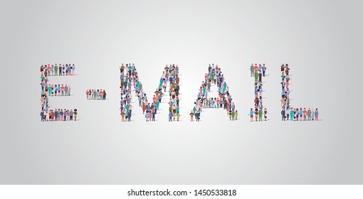 people crowd gathering in shape of e-mail word different occupation employees mix race workers group standing together social media community concept flat horizontal