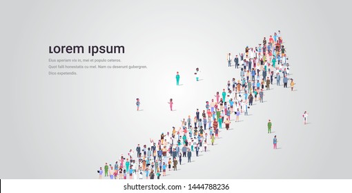 people crowd gathering in shape of financial arrow up symbol social media community successful growth concept different occupation employees group standing together full length horizontal copy space